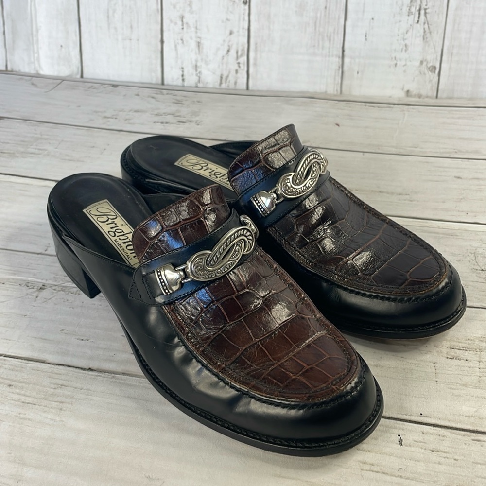 Brighton Classic Brown and Black Metal Embellished Leather Mules